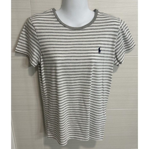 Ralph Lauren Gray Stripe Navy Pony Crew Neck Short Sleeve Cotton T-Shirt L, Prep - Picture 1 of 9